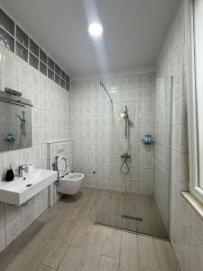 a bathroom with a shower and a sink and a toilet at Limore Hostel in Tirana +14 photos