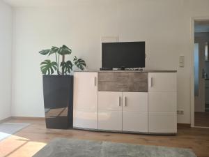 a living room with a tv on a white cabinet at Monstera Apartment in Groß-Umstadt