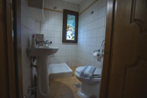 a bathroom with a sink and a toilet and a window at Thermora Hotel in Orma