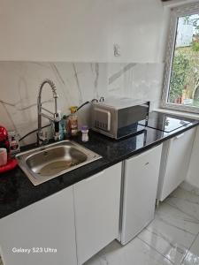 a kitchen counter with a sink and a microwave at Emmanuel INN XI in Pierrefitte-sur-Seine