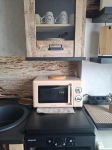 a microwave on top of a stove in a kitchen at ruhiger als im Hotel keine andere Gäste 3 Betten 2 Schlafzimmer in Merkendorf