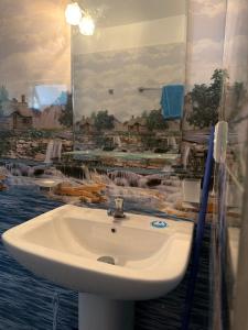 a bathroom with a sink and a mural of a waterfall at Hantana Villa in Kandy