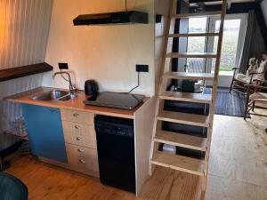 a tiny kitchen with a ladder next to a sink and a laptop at Tiny House 'The Cabin' in Berlicum