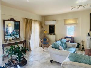 a living room with two couches and a mirror at Villa Eleni in Lagonissi