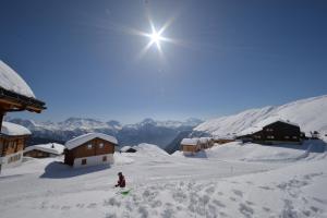 Eine Person fährt einen schneebedeckten Berg hinunter in der Unterkunft Waluschi in Belalp