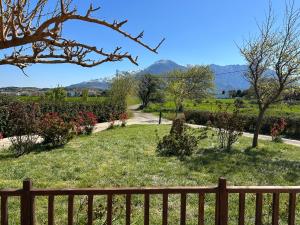 a garden with a fence and mountains in the background at Akrotiri Studios in Samothraki