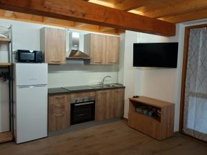 a kitchen with a white refrigerator and a microwave at Castle house in Aprica
