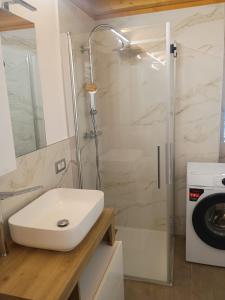 a bathroom with a shower and a sink and a washing machine at Castle house in Aprica +17 photos