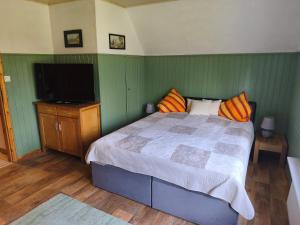 a bedroom with a bed and a flat screen tv at Ferienhaus Sturm in Kloster +7 photos