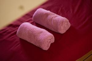 a couple of pink towels on a bed at Glampervan Julietta in Den Bosch