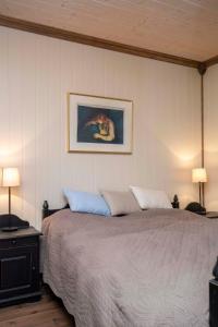 a bedroom with a large bed with two lamps at Rauland, Listaullii in Torvetjørn