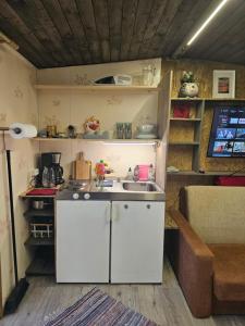 a small kitchen with a sink in a tiny house at Skaisto saulrietu namiņš in Lembuži