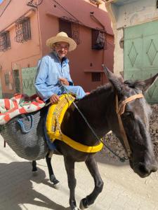 a woman is riding a donkey on a street at Sidi hssain in Marrakesh
