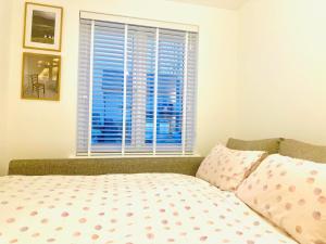 a bedroom with a bed and a large window at Gilded Nest-Room with Detached Bath- Ideal for ONE- WIFI, Car Parking-Shared House in Newarthill