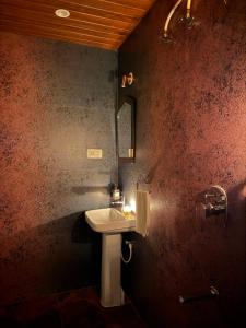 a bathroom with a sink and a mirror at Misty Garden Retreat in Nandigunda +12 photos