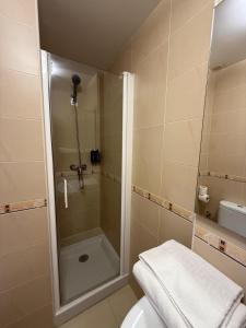 a bathroom with a shower and a toilet and a sink at Albergue Alfonso II in Melide +23 photos