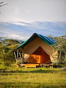 a large tent with a blue roof in a field at Veilscape Mara Camp in Masai Mara