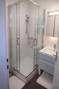 a bathroom with a shower and a sink at Apartment Auszeit nahe Faaker See 24h Self Check-in in Latschach