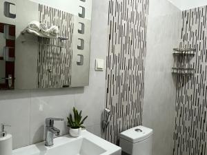 a bathroom with a sink and a toilet and a mirror at Cottage Fifty One in Kandy