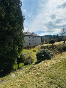a large white building on a hill with a yard at Olé in Zlatá Olešnice