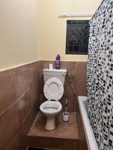 a bathroom with a toilet and a bath tub at Dube Villa in KwaDukuza +2 photos