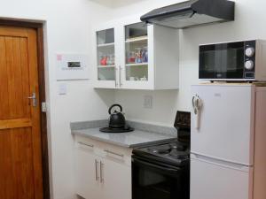  La cuisine est équipée d'un réfrigérateur blanc et d'une bouilloire. dans l'établissement Graskop Harrie's Cottage, à Graskop