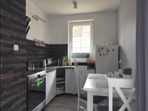 a kitchen with a stove and a refrigerator and a table at Apartament w Krzesznej in Krzeszna