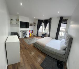 a bedroom with a bed and a living room with a fireplace at Massive cozy room with shared bathroom in Thornton Heath