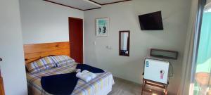 a small bedroom with a bed and a tv at Pousada Gabriel in Praia de Araçatiba