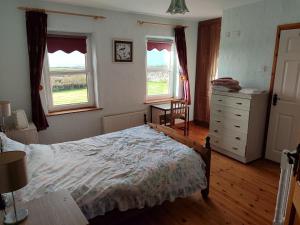 a bedroom with a bed and a dresser and two windows at Gerry's house in Milltown Malbay