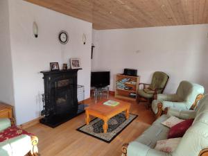 a living room with a couch and a fireplace at Gerry's house in Milltown Malbay