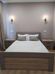 a bedroom with a large bed with two night stands at Tomas Guesthouse in Lagodekhi