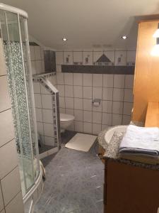 a bathroom with a shower and a toilet and a sink at Urlpoldhof in Schladming