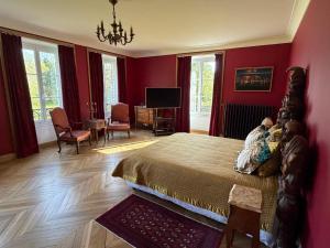 a bedroom with red walls and a bed and a television at Le Château d'Elbeuf-en-Bray in Elbeuf-en-Bray