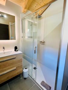 a bathroom with a shower and a sink at Chalet Douce Noire in Brides-les-Bains +11 photos