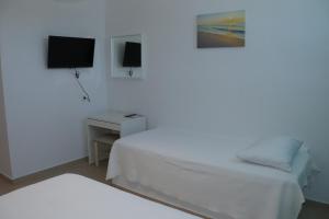 a bedroom with a bed and a desk with a television at Ateni House Garden in Agios Petros