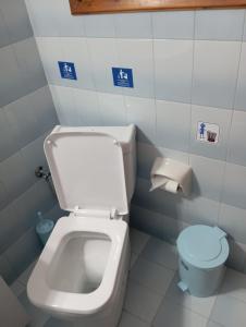 a small bathroom with a toilet and a trash can at Akrata Golden Beach House 3 in Aíyira +116 photos