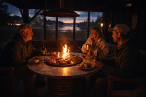 a group of people sitting around a table with a fire at Grynnan in Skå