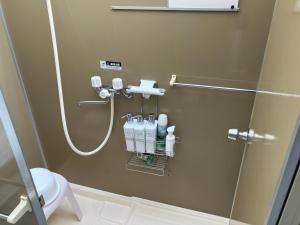 a bathroom with a shower with a toilet and a sink at wagaranchi in Kumano +22 photos