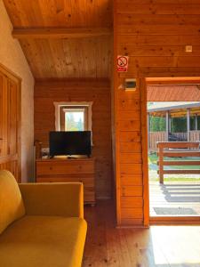 a living room with a couch and a television at Trzy Domki Wysowa in Wysowa-Zdrój