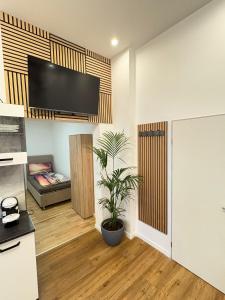 a living room with a tv and a potted plant at Apartament Modern Herne 3 in Herne