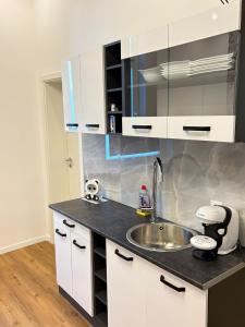 a kitchen with white cabinets and a sink at Apartament Modern Herne 3 in Herne