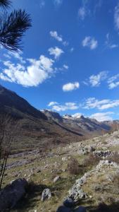 a view of a field with mountains in the background at Vruçaj' s Cabin in Bogë