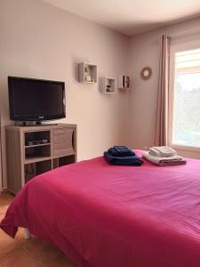 a bedroom with a bed and a flat screen tv at la Farigoulette in Lorgues