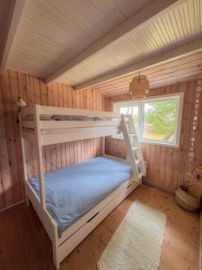 a room with two bunk beds in a cabin at Klitrosen Coastal Hideout in Thisted +16 photos