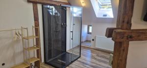 a glass shower in a room with a ceiling at URBAN APARTHOTEL Medias in Mediaş
