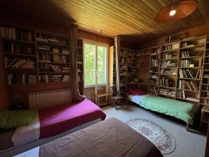 a room with two beds in a room with bookshelves at Le Vélo Vert in Sadirac