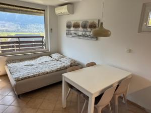 a room with a bed and a table and a window at Apartment Planika Bovec in Bovec