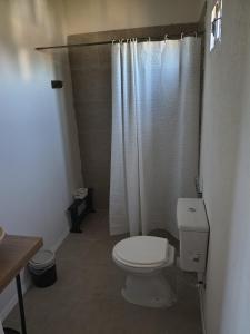 a bathroom with a white toilet and a shower at Hospedaje La Pochi in Mocoretá +6 photos