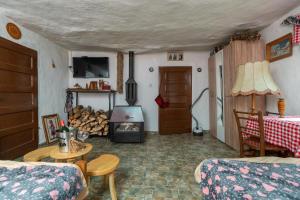 a living room with a table and a fire place at Kmetova Bajka in Janja